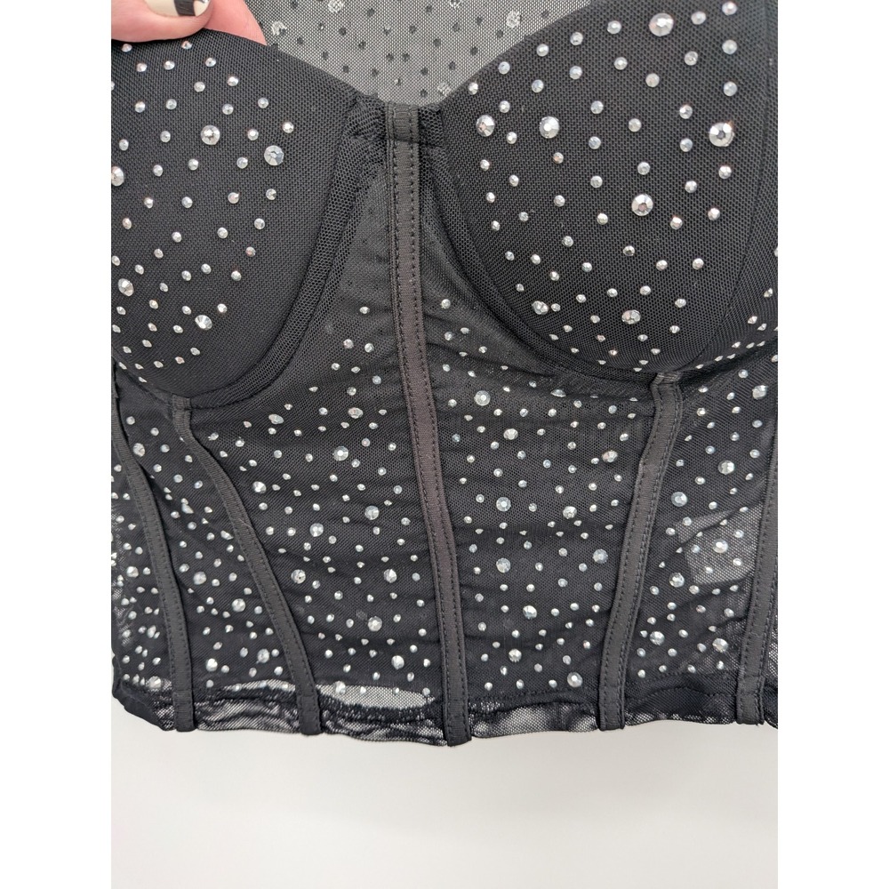 Whimsigoth Fairygrunge Punk Rock Black Mesh Rhinestones Soft Corset Crop S Top - Picture 3 of 8